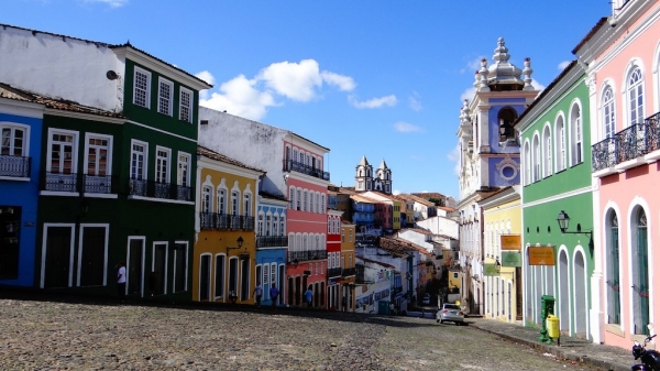 Colorful buildings along a street in Salvador, Brazil